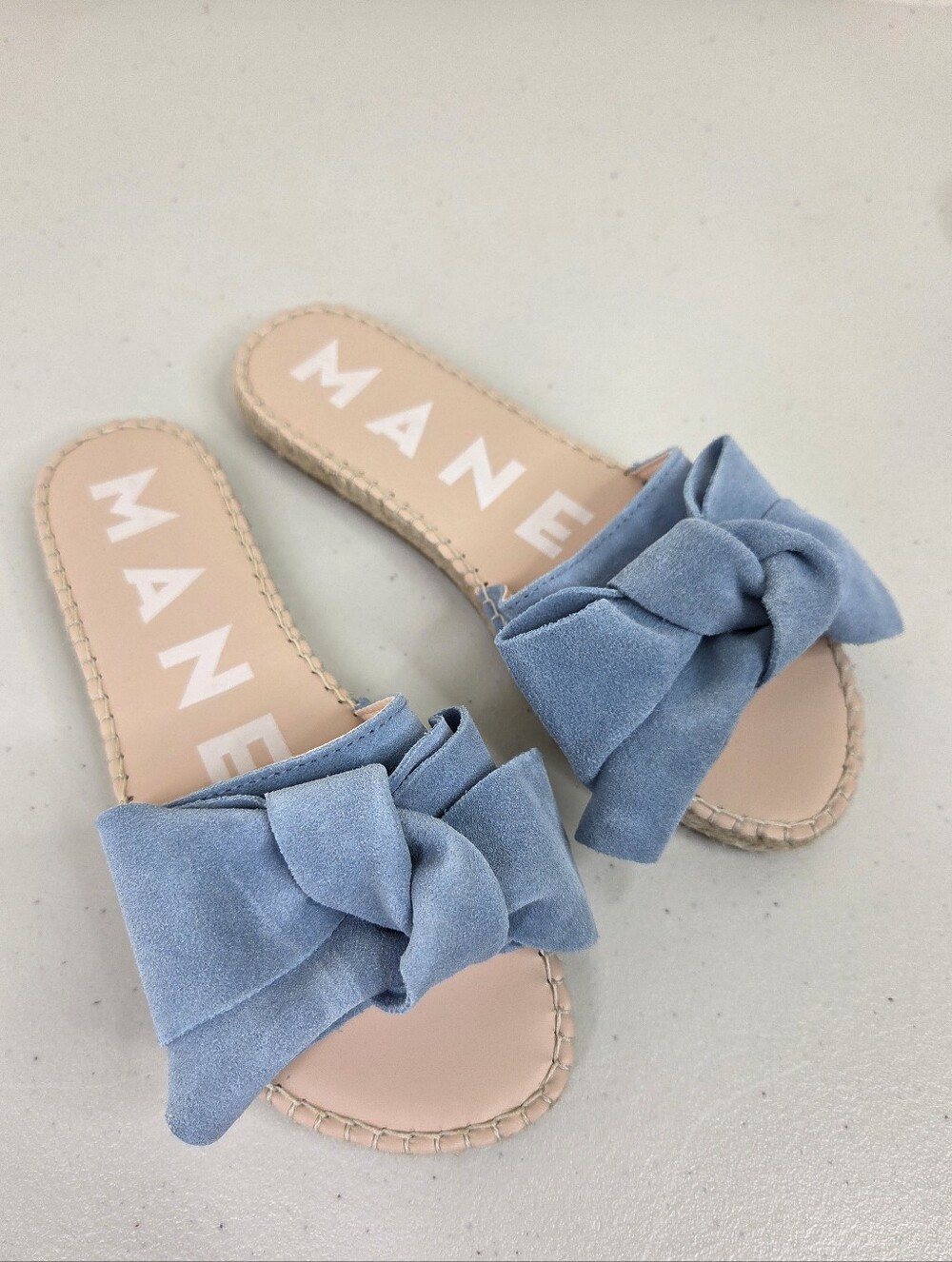 Manebi Hamptons Blue Nubuck Knotted Bow Espadriles Slide Sandals for Women